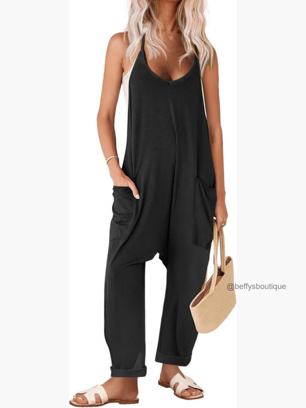 Sleeveless Jumpsuit Spaghetti Strap Baggy Long Pants Rompers with Pockets